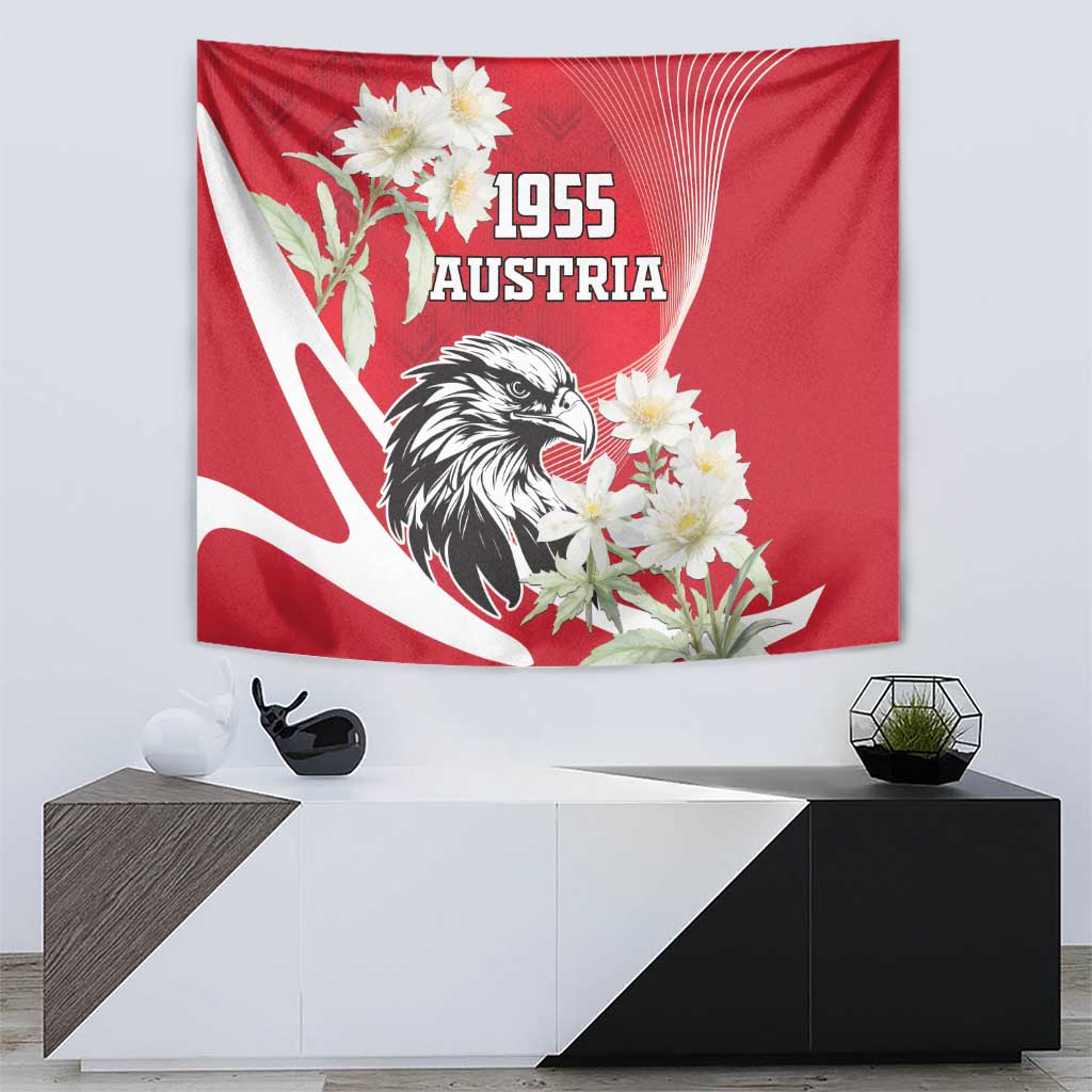 Red Austria 1955 wall tapestry with black-and-white eagle and white edelweiss bouquet