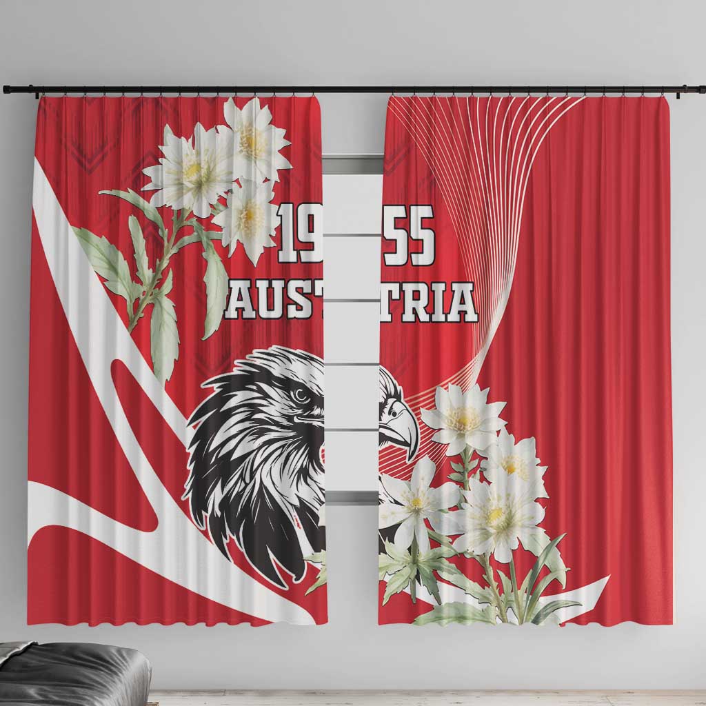 Pair of red window curtains with eagle, edelweiss flowers, and Austria 1955 numbers