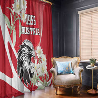 Red window curtains with eagle and edelweiss flower print, Austria 1955 text