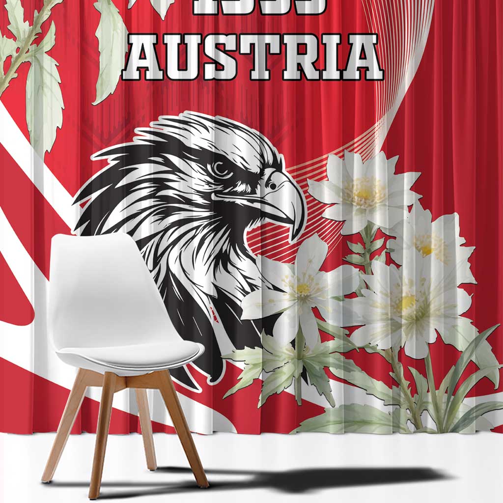 Red curtain close-up with black eagle and white edelweiss blooms, Austria lettering