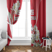 Red window curtain panel with eagle and edelweiss flowers, Austria 1955 lettering
