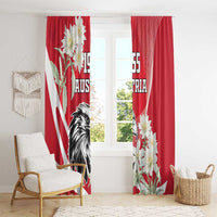 Red window curtains featuring black eagle and white edelweiss flowers, Austria 1955