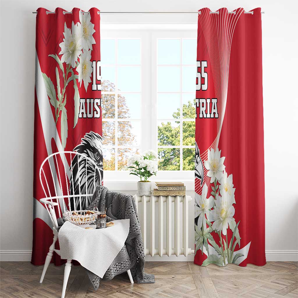 Red window curtains with eagle, edelweiss flowers, and Austria 1955 graphic