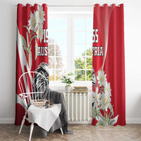 Red window curtains with eagle, edelweiss flowers, and Austria 1955 graphic