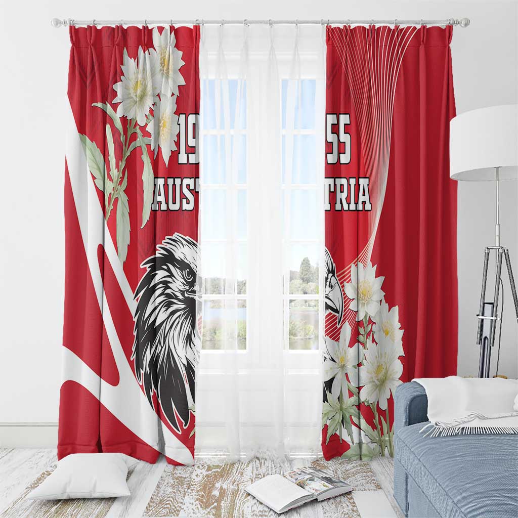 Red window curtain with black-and-white eagle, white edelweiss flowers, Austria 1955 text