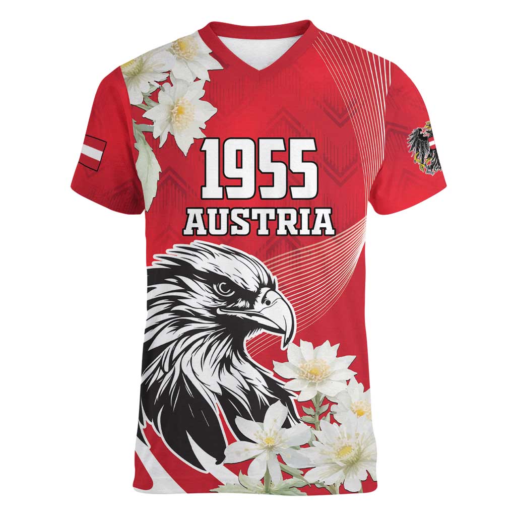 Austria Independence Day 1955 Women V-Neck T-Shirt Black Eagle And Edelweiss Flowers - Wonder Print Shop