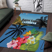 Blue tropical area rug with palm trees, hibiscus flowers, and 'Saint Lucia Caribbean' print