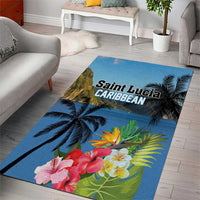 Blue tropical area rug featuring palm silhouettes, colorful hibiscus blooms, and 'Saint Lucia Caribbean'