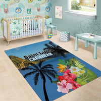 Blue tropical rug with palm trees, hibiscus flowers, and 'Saint Lucia Caribbean' lettering