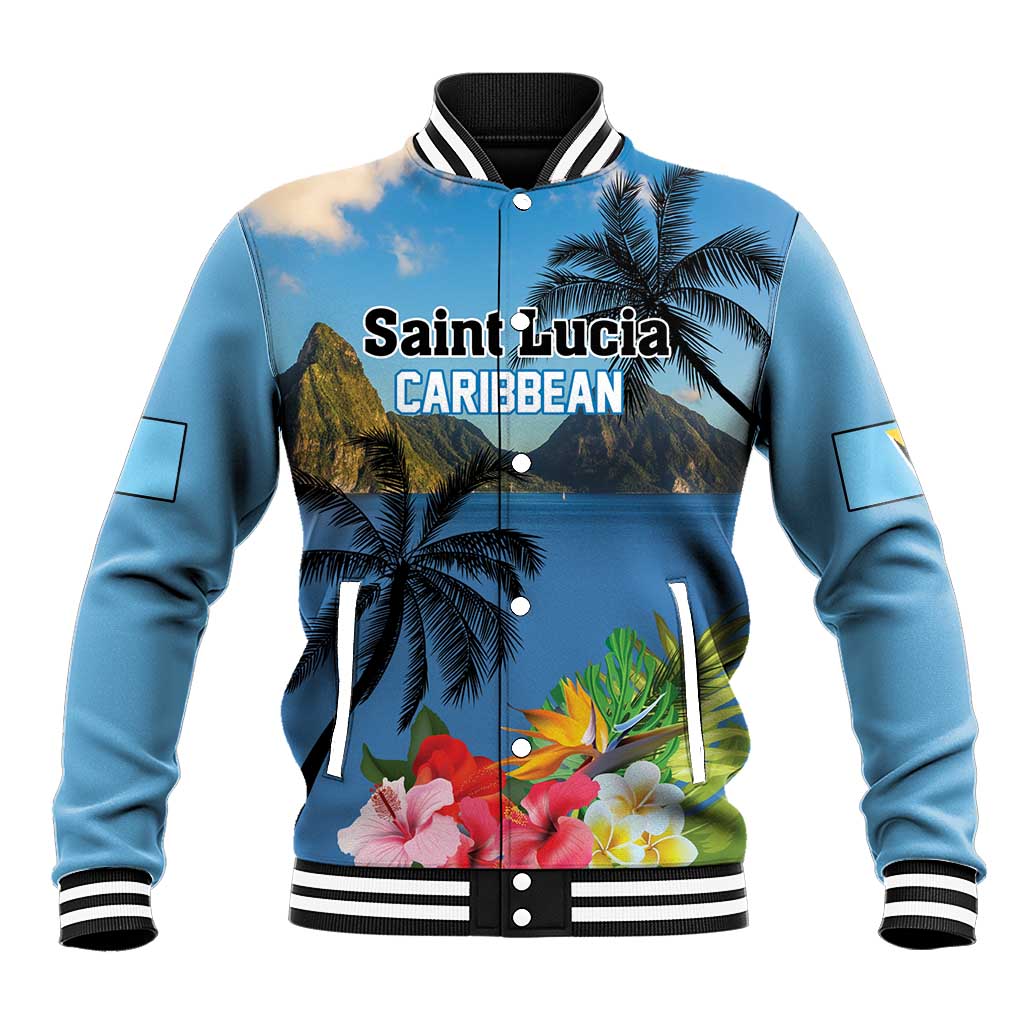 Blue baseball jacket with tropical hibiscus and palm graphic, snap-button front