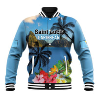 Blue baseball jacket with tropical hibiscus and palm graphic, snap-button front