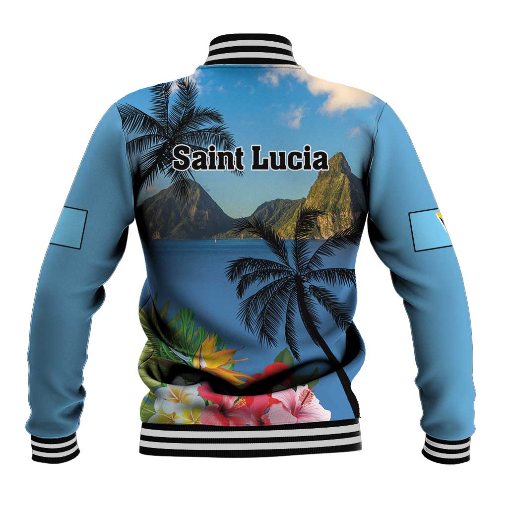 Blue baseball jacket back with Saint Lucia text and palm, hibiscus floral print