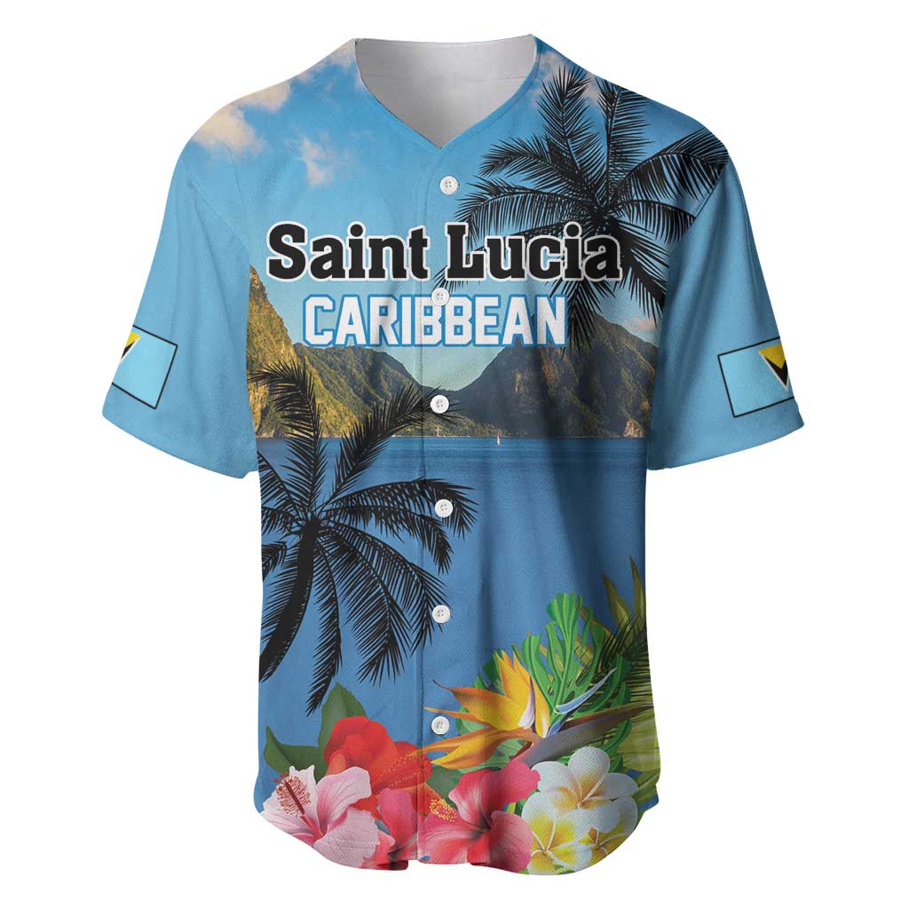 Blue baseball jersey with palm and hibiscus floral print, button-front, Saint Lucia Caribbean text