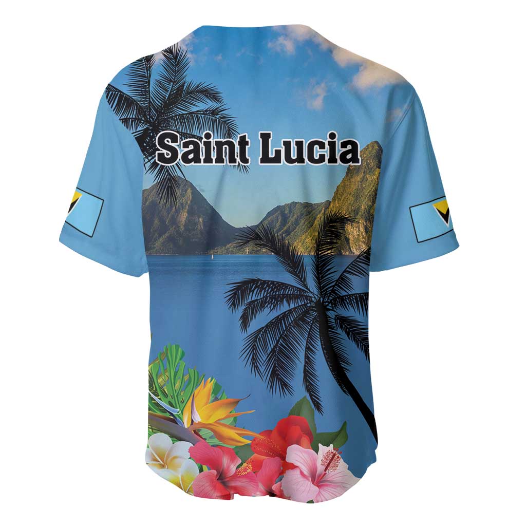 Blue baseball jersey back with Saint Lucia text, palm tree and floral scene