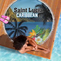 Round blue beach blanket with white fringe, tropical hibiscus flowers and palm scene