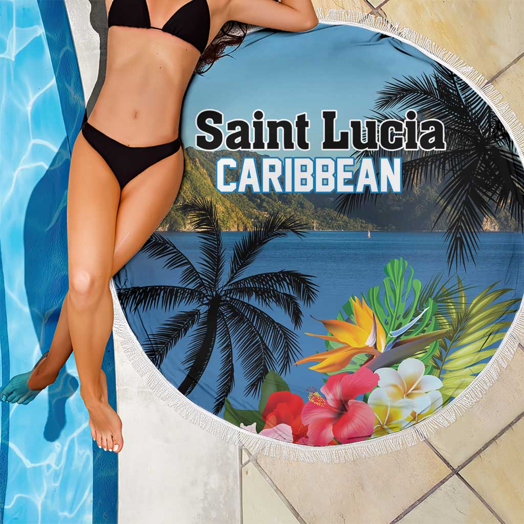 Round blue beach blanket with white fringe, tropical hibiscus flowers and ocean palm print