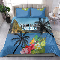 Blue bedding set: duvet cover and pillow shams with tropical palms, hibiscus flowers
