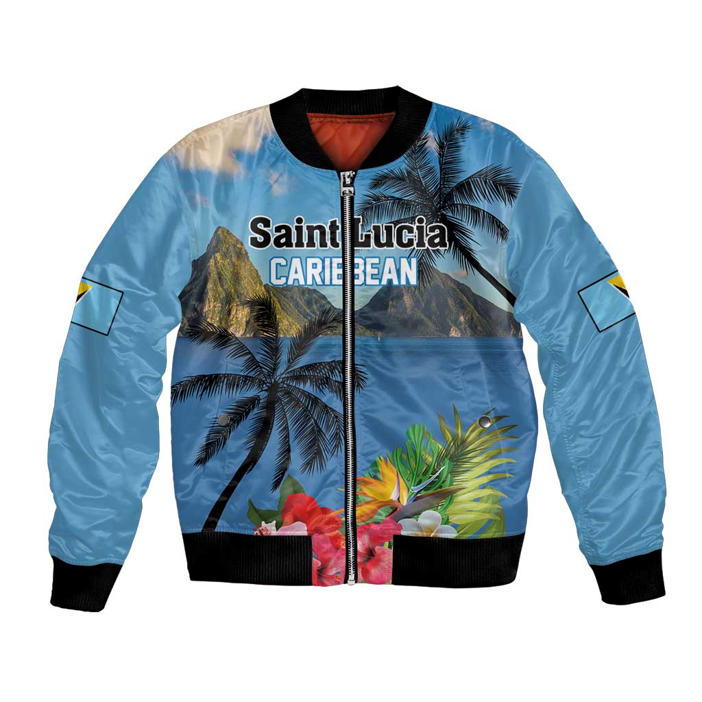 Blue bomber jacket with central zipper, palm tree and floral print, black ribbed trim