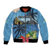 Blue bomber jacket with central zipper, palm tree and floral print, black ribbed trim