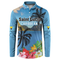 Blue button-front sweatshirt with palm tree and hibiscus-style flower graphic on front