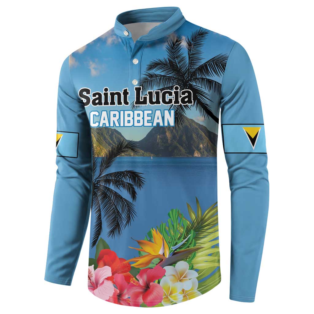 Blue button-front sweatshirt featuring palm and tropical flower print with side emblem