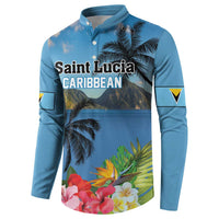 Blue button-front sweatshirt featuring palm and tropical flower print with side emblem