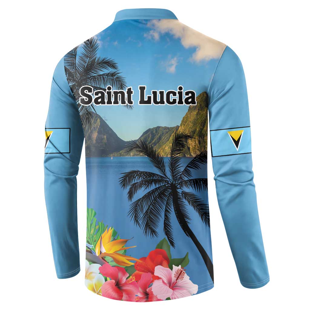 Blue sweatshirt with back palm landscape and tropical flower hem print, button collar