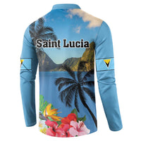 Blue sweatshirt with back palm landscape and tropical flower hem print, button collar