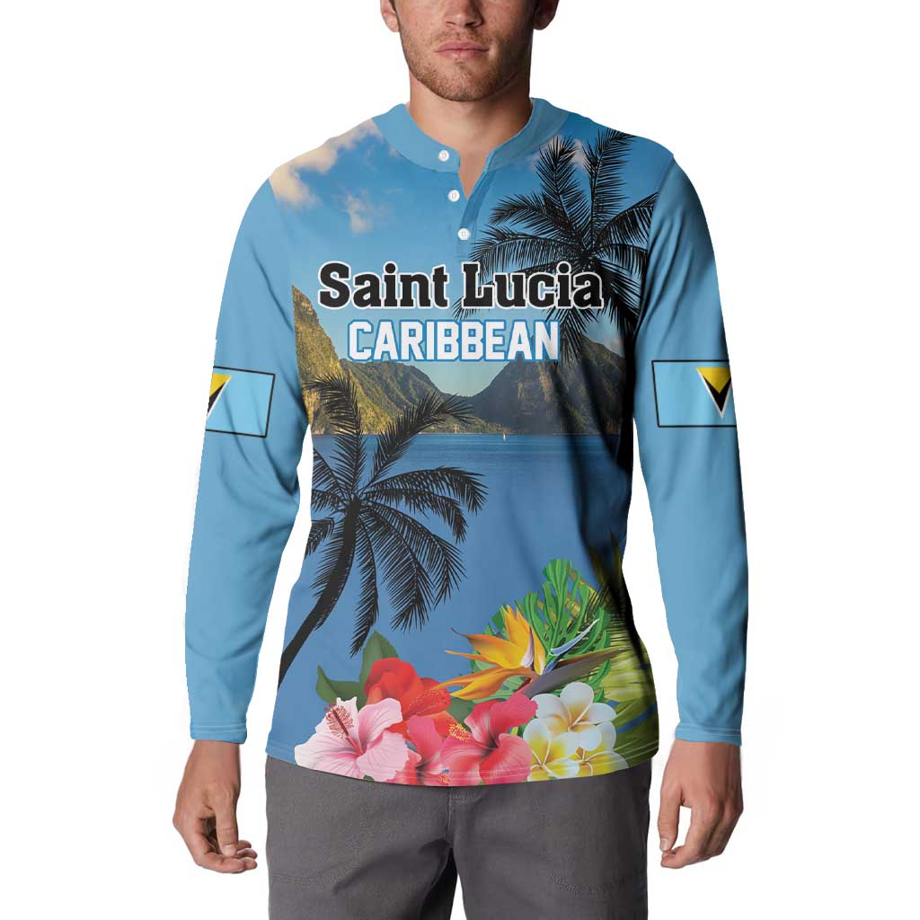 Blue button-front tropical sweatshirt worn by model, palm tree and flower graphic