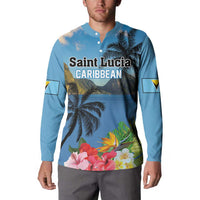 Blue button-front tropical sweatshirt worn by model, palm tree and flower graphic