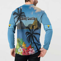 Blue tropical sweatshirt shown from back with palm landscape and flower graphic at hem