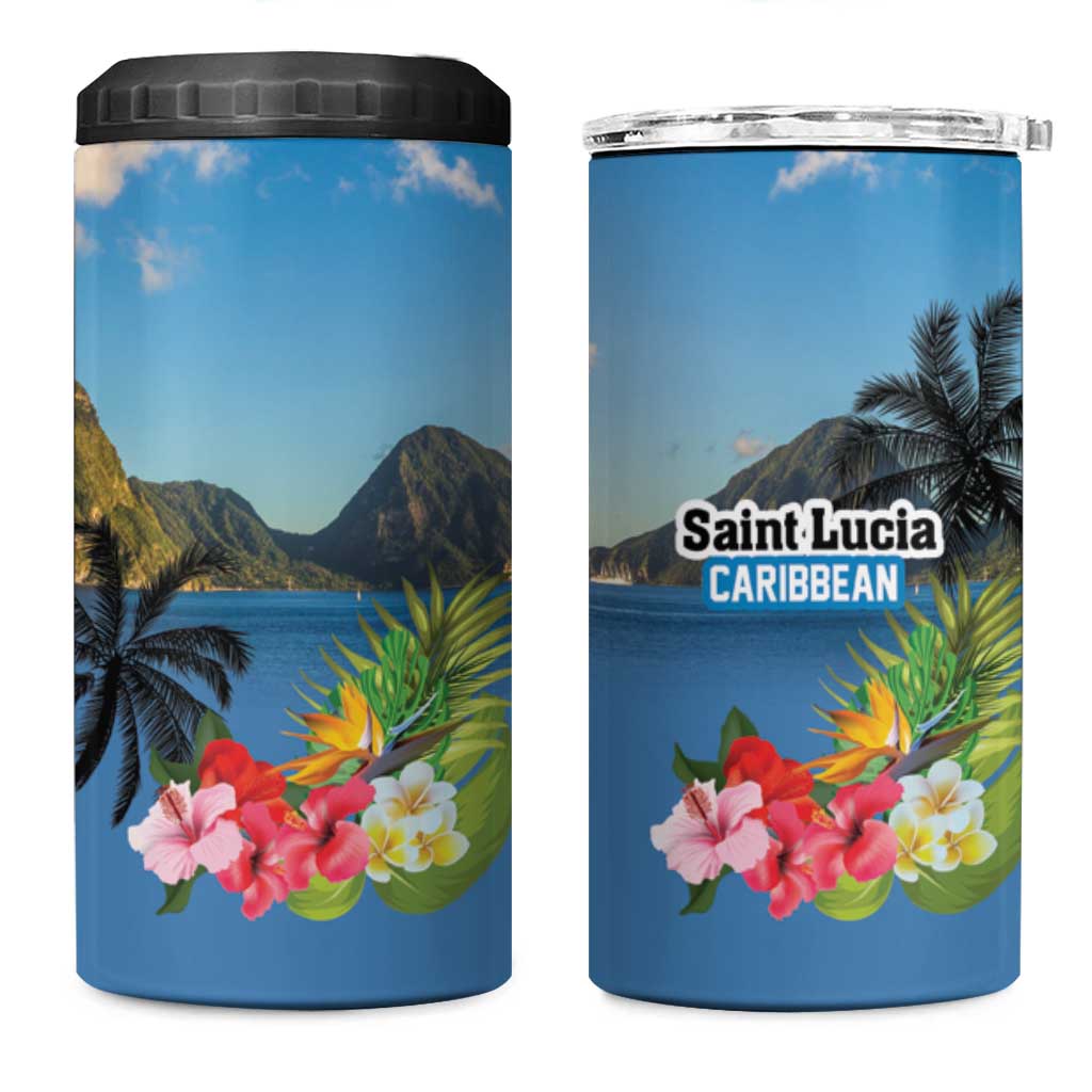 Saint Lucia Pitons 4 in 1 Can Cooler Tumbler With Hibiscus Flowers - Wonder Print Shop