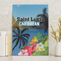 Blue canvas wall art featuring palm trees, tropical flowers, and Saint Lucia Caribbean text