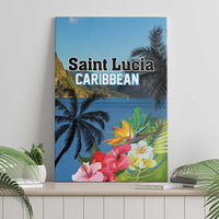 Blue canvas wall art with palm trees, hibiscus flowers, and Saint Lucia Caribbean title