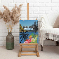Blue canvas wall art with palm trees and hibiscus flowers, displayed on a wooden easel