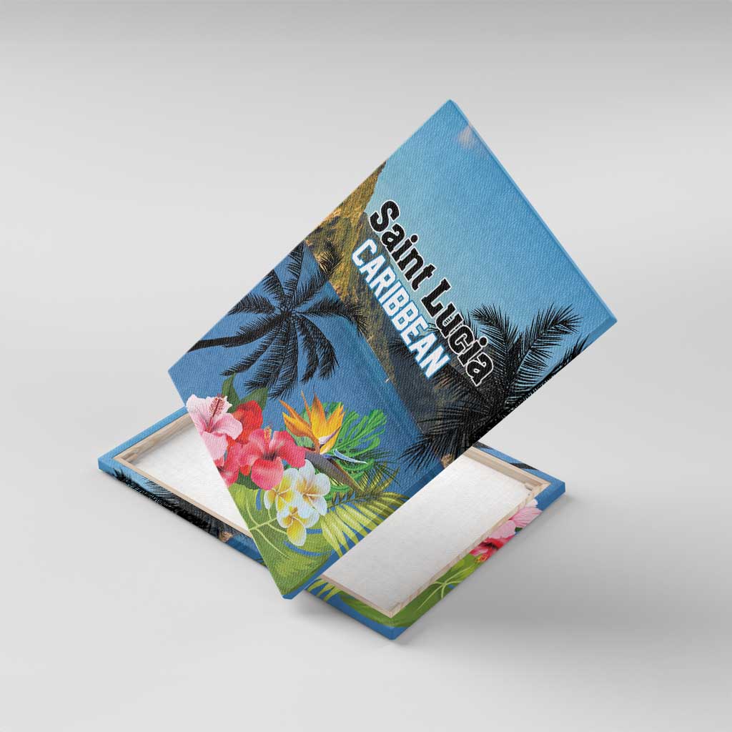 Blue canvas wall art with palm trees, hibiscus flowers, and Saint Lucia Caribbean title