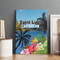 Blue canvas wall art with tropical palms, hibiscus flowers, and Saint Lucia Caribbean lettering