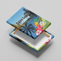 Blue canvas wall art shown stacked, with hibiscus flowers and Saint Lucia Caribbean text