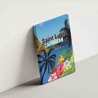Blue canvas wall art mounted on a wall, with palm trees, hibiscus flowers, and Saint Lucia text