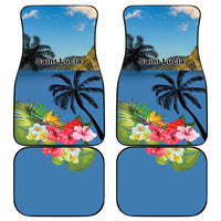 Set of blue car floor mats with rounded corners, palm trees, hibiscus flowers, Saint Lucia