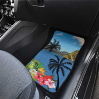 Blue rear car floor mat with palm trees, hibiscus flowers, and Saint Lucia wording