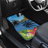 Blue front car floor mat with tropical palms, hibiscus flowers, and Saint Lucia text