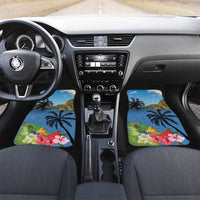 Blue car floor mat set featuring palm trees and hibiscus flowers, Saint Lucia on mats