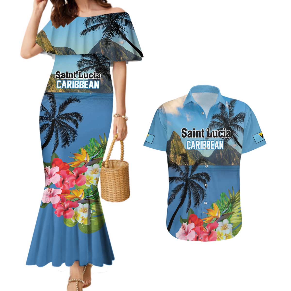 Saint Lucia Pitons Couples Matching Mermaid Dress and Hawaiian Shirt With Hibiscus Flowers - Wonder Print Shop