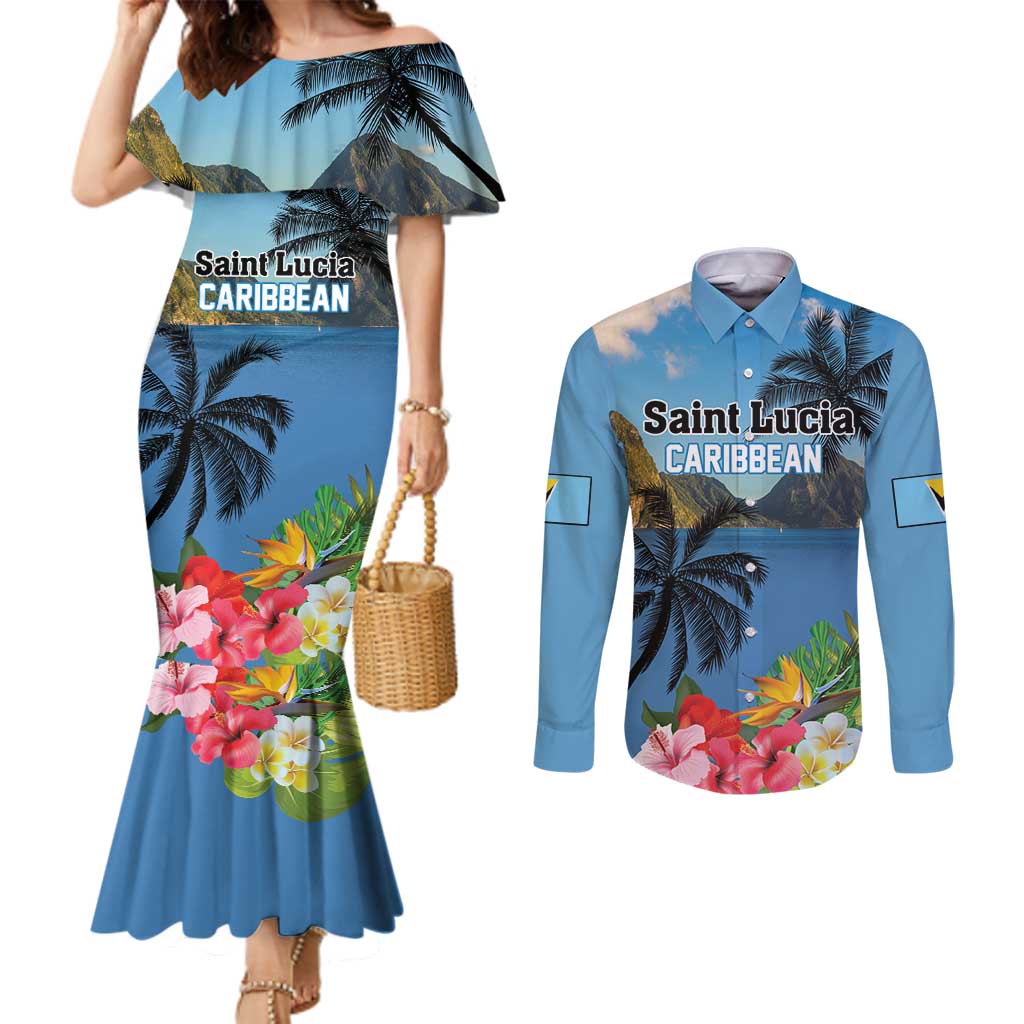 Saint Lucia Pitons Couples Matching Mermaid Dress and Long Sleeve Button Shirt With Hibiscus Flowers