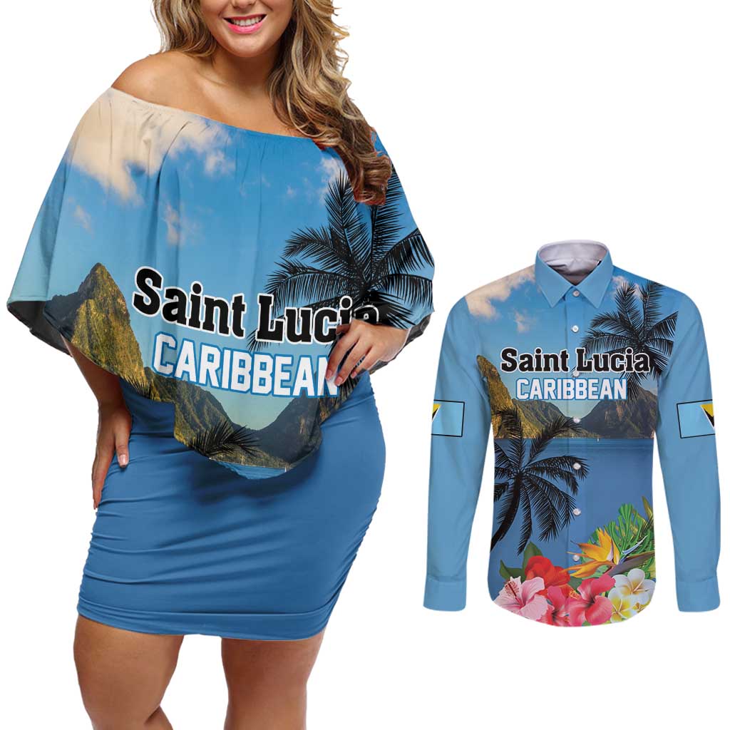 Saint Lucia Pitons Couples Matching Off Shoulder Short Dress and Long Sleeve Button Shirt With Hibiscus Flowers - Wonder Print Shop