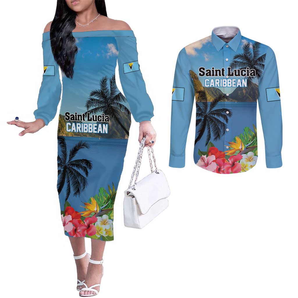 Saint Lucia Pitons Couples Matching Off The Shoulder Long Sleeve Dress and Long Sleeve Button Shirt With Hibiscus Flowers