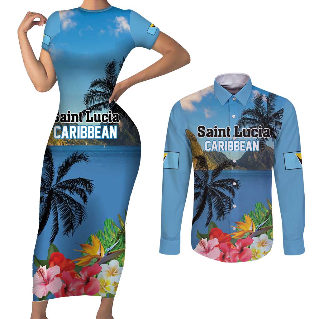 Saint Lucia Pitons Couples Matching Short Sleeve Bodycon Dress and Long Sleeve Button Shirt With Hibiscus Flowers - Wonder Print Shop