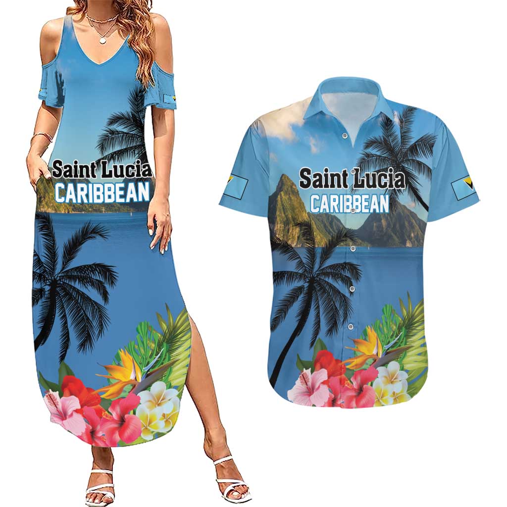 Saint Lucia Pitons Couples Matching Summer Maxi Dress and Hawaiian Shirt With Hibiscus Flowers - Wonder Print Shop