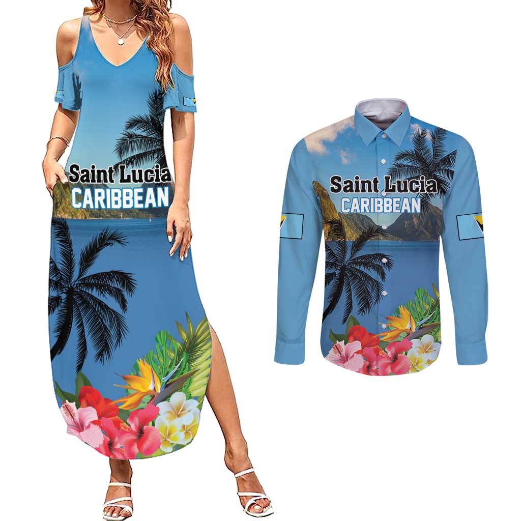 Saint Lucia Pitons Couples Matching Summer Maxi Dress and Long Sleeve Button Shirt With Hibiscus Flowers - Wonder Print Shop